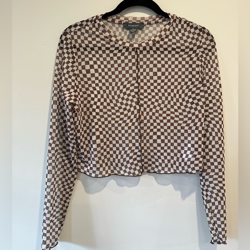 Plaid Brown and White Women's Top - Vintage